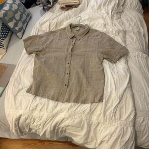 Eileen Fisher Taupe Short-Sleeve Button-Front Linen-Blend Shirt